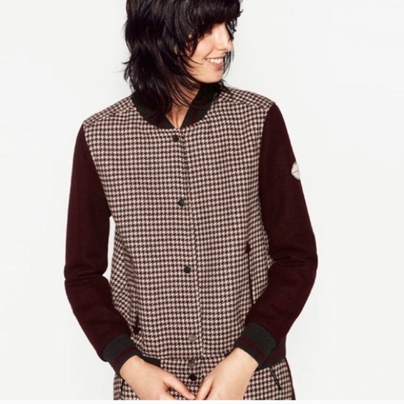 🥀ZARA MAROON CHECKED BOMBER JACKET Size XS - Picture 1 of 14